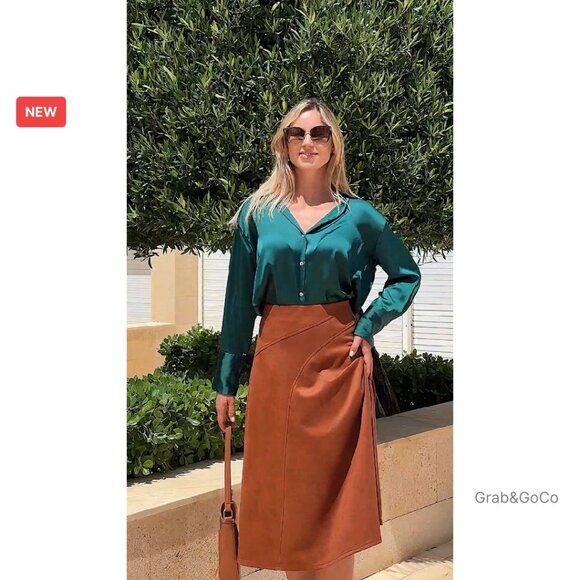 High Waist A-Line Midi Skirt Faux Suede Elegant Fall Winter Chic Versatile - Picture 8 of 8
